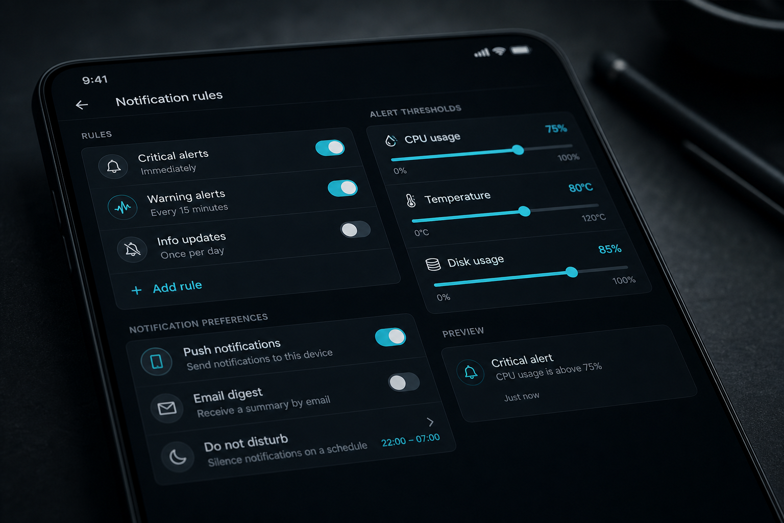 Representative app settings showing alert rules and toggles on a dark interface.