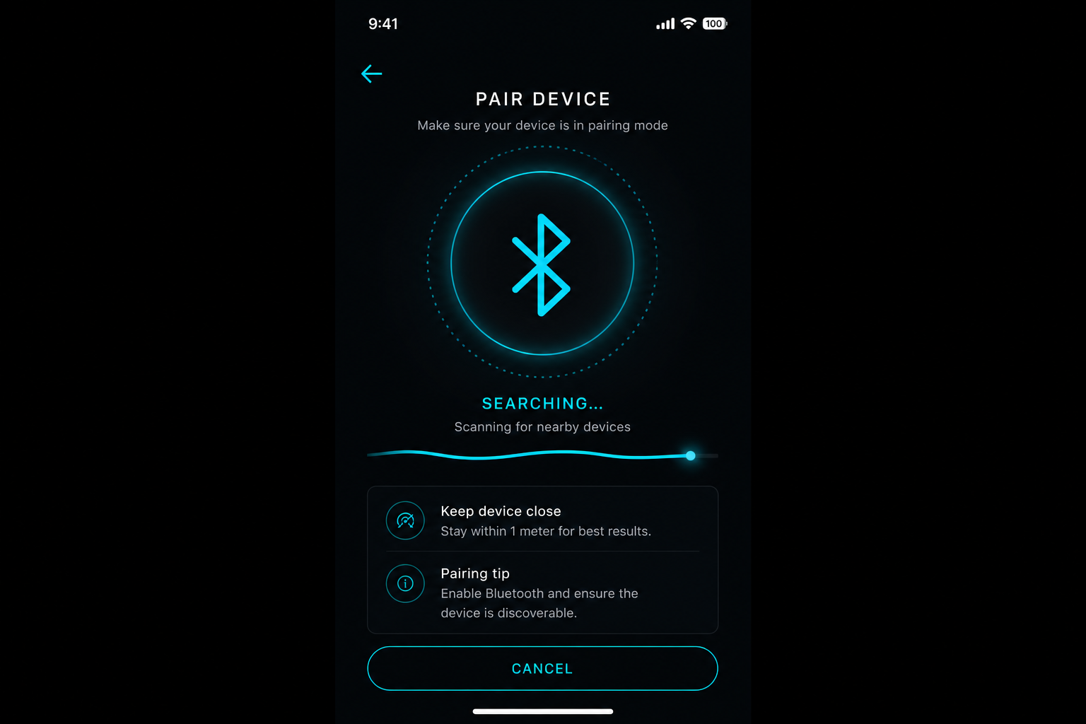 Representative app screen showing device pairing status with Bluetooth.