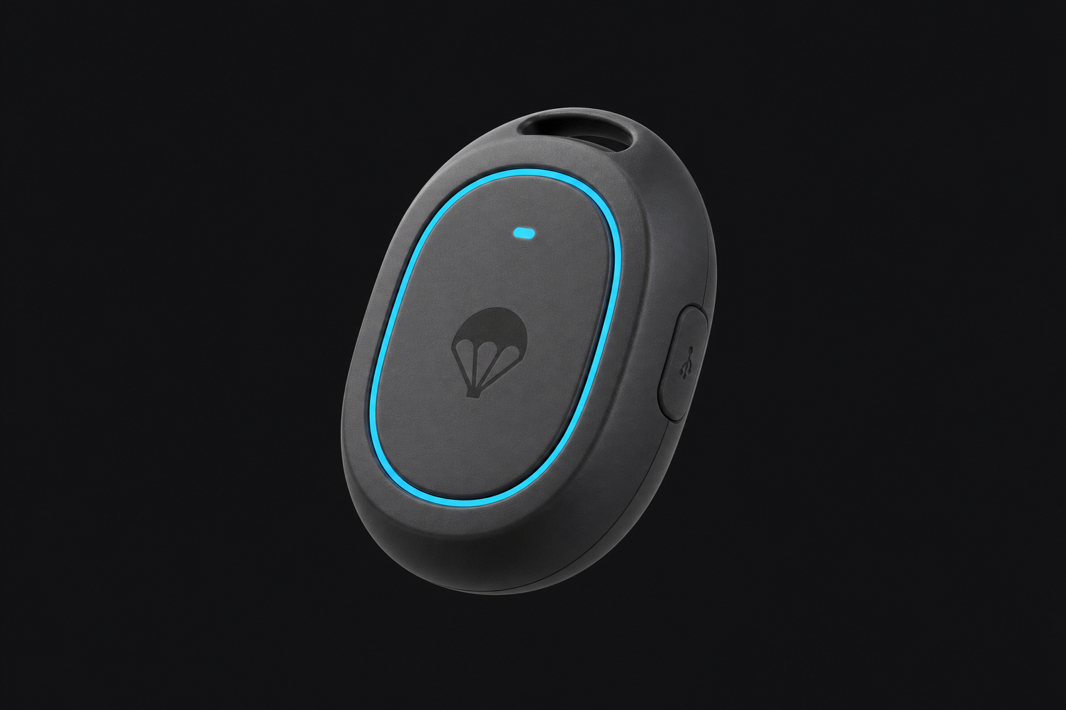 Studio render of the Airguard Tag device: compact tracker with cyan accent on a dark background.