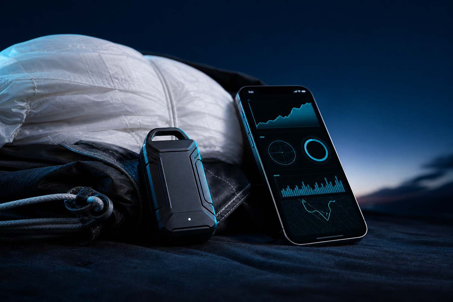 Airguard Tag tracking device near parachute canopy fabric with a smartphone showing dark-mode jump telemetry in cyan.