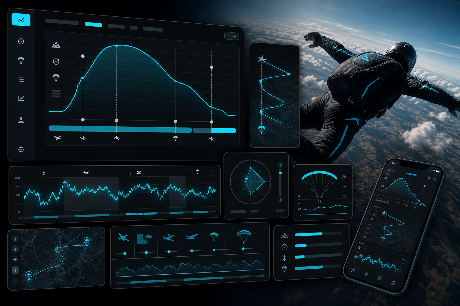 Composite of telemetry charts and timelines representing jump logbook data in the app.